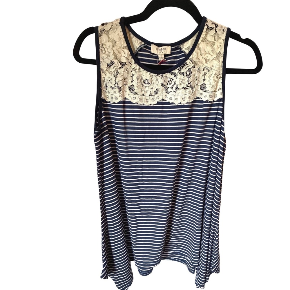 Umgee Womens Navy White Striped Lace Yoke Sharkbite Hem Sleeveless Tank Top S